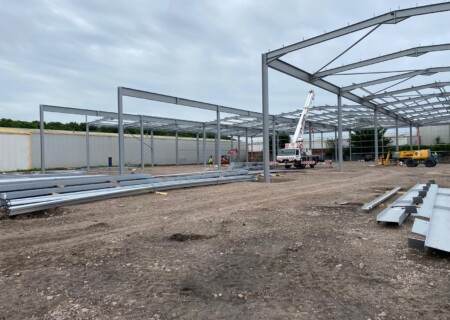 Steel frame in the process of being erected for new warehouse extension