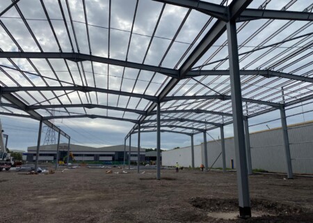 View of steel frame of warehouse extension