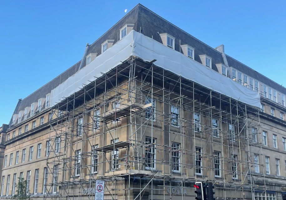 Earl Grey House in Newcastle with scaffolding around its facade.