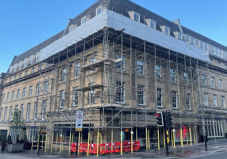 Earl Grey House in Newcastle pictured with scaffolding while external facade repairs take place. 