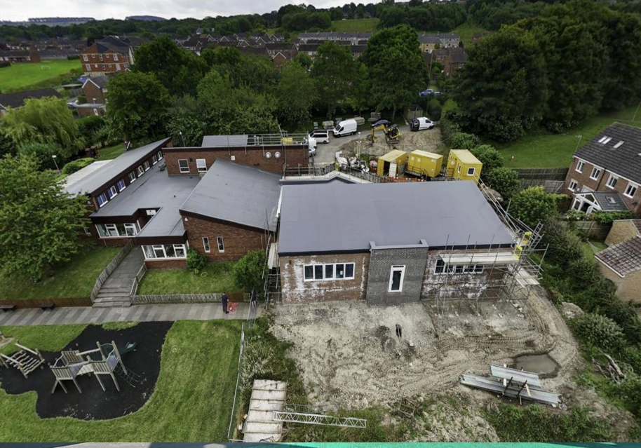 Drone shot of Wise Academies School undergoing refurbishment work. 